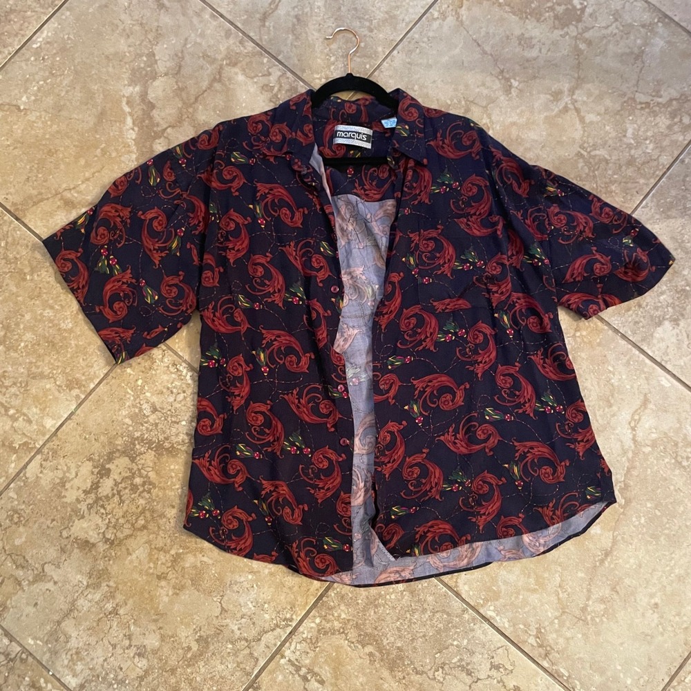 Marquis Mens XL Short Sleeve Button Up Shirt Navy Red Floral Baroque Print Rayon